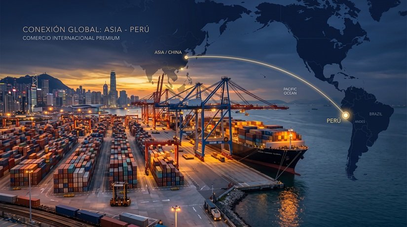 Conexión logística global desde fábricas en Asia hasta la entrega final en Perú